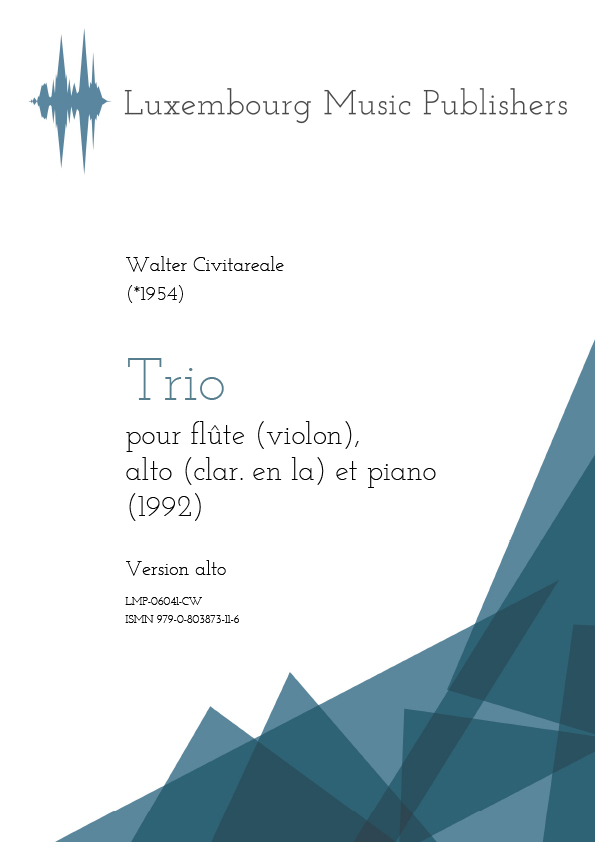 Trio. Sheet Music by Walter Civitareale, composer. Music for flute, viola and piano. Contemporary chamber music for mixed piano trio. Music for violin, clarinet in A and piano. Contemporary piano trio with variable instrumentation. Viola.